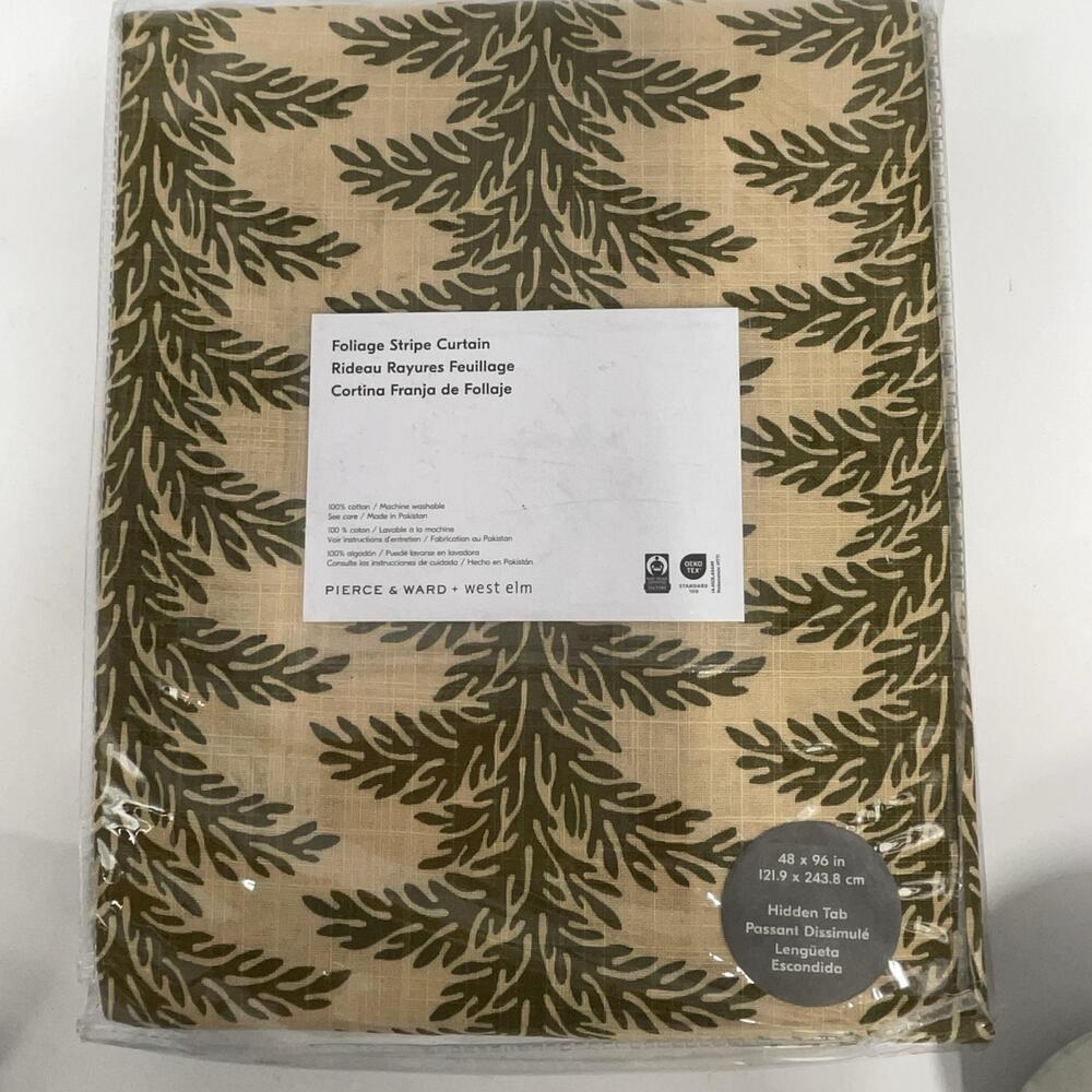 West Elm Foliage Stripe Curtain Panel 48x96 Hidden Tab Green Cotton Window
